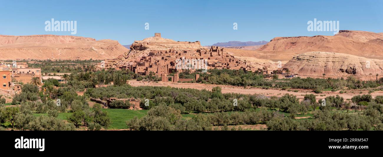 Sunset over the beautiful historic town Ait Ben Haddou in Morocco, famous berber town with many kasbahs built of clay, UNESCO world heritage Stock Photo