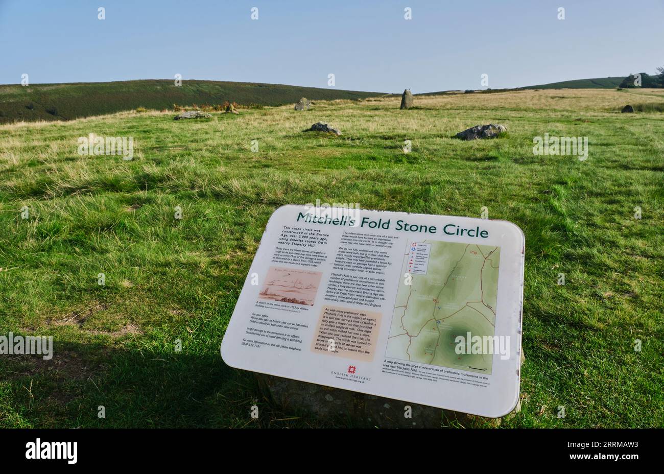 Information Panel at Mitchell's Fold Stone Circle, Stapeley Hill, near Chirbury, Shropshire Stock Photo