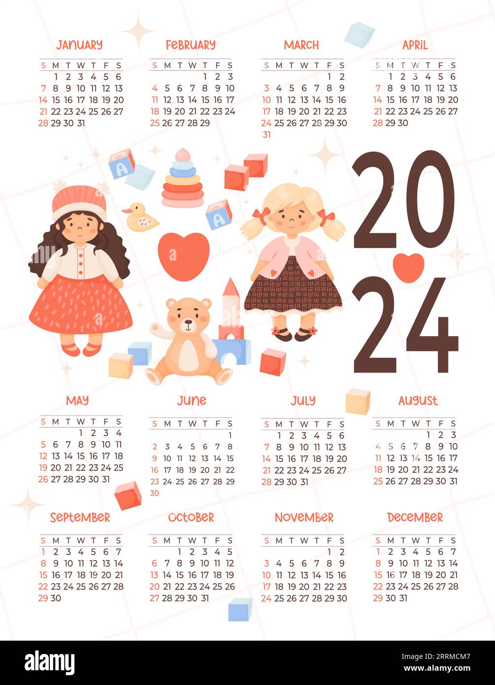 Kids annual calendar 2024 Cute Children toys, girl doll, plush