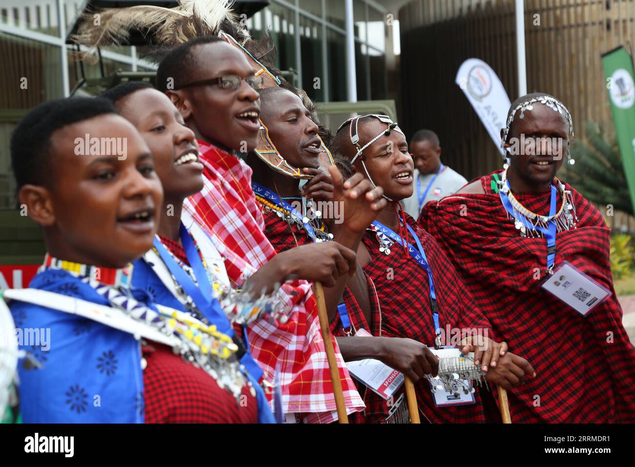 221023 -- DAR ES SALAAM, Oct. 23, 2022 Xinhua -- Maasai people sing a song  during the opening ceremony of the 6th edition of the Swahili International  Tourism Expo in Dar es