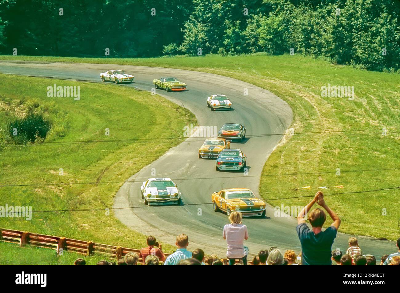 Cars in turns 4 & 5 at the 1970 Trans Am race at the Mid Ohio Sports Car Courtse  in Lexington Ohio USA Stock Photo