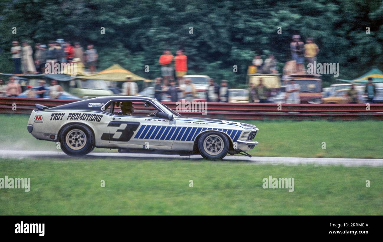 Tony DeLorenzo in a Troy promotions Ford Mustang Boss 302 at the 1971 Mid Ohio Trans Am,  finished 4th Stock Photo