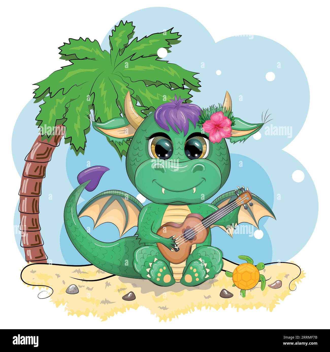 Cute cartoon green baby dragon with ukulele on the beach. Symbol of 2024 according to the Chinese calendar. Mythical reptile monster Stock Vector