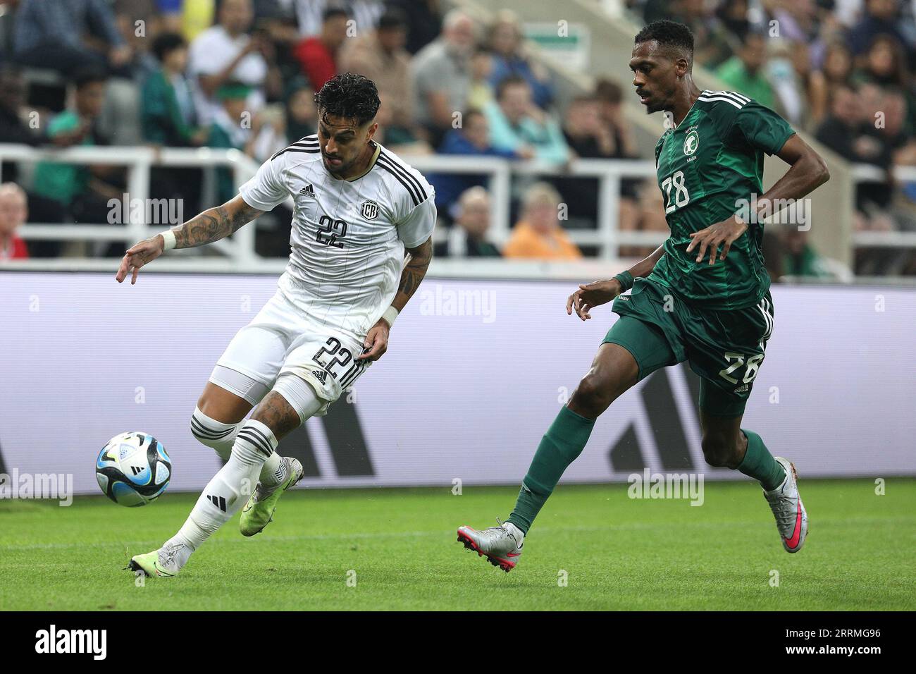Mohamed Kanno of Saudi Arabia (right) and Ronald Matarrita of Costa Rica challenge for the ball during the International Friendly match between Saudi Arabia and Costa Rica at St. James's Park, Newcastle on Friday 8th September 2023. (Photo: Robert Smith | MI News) Credit: MI News & Sport /Alamy Live News Stock Photo