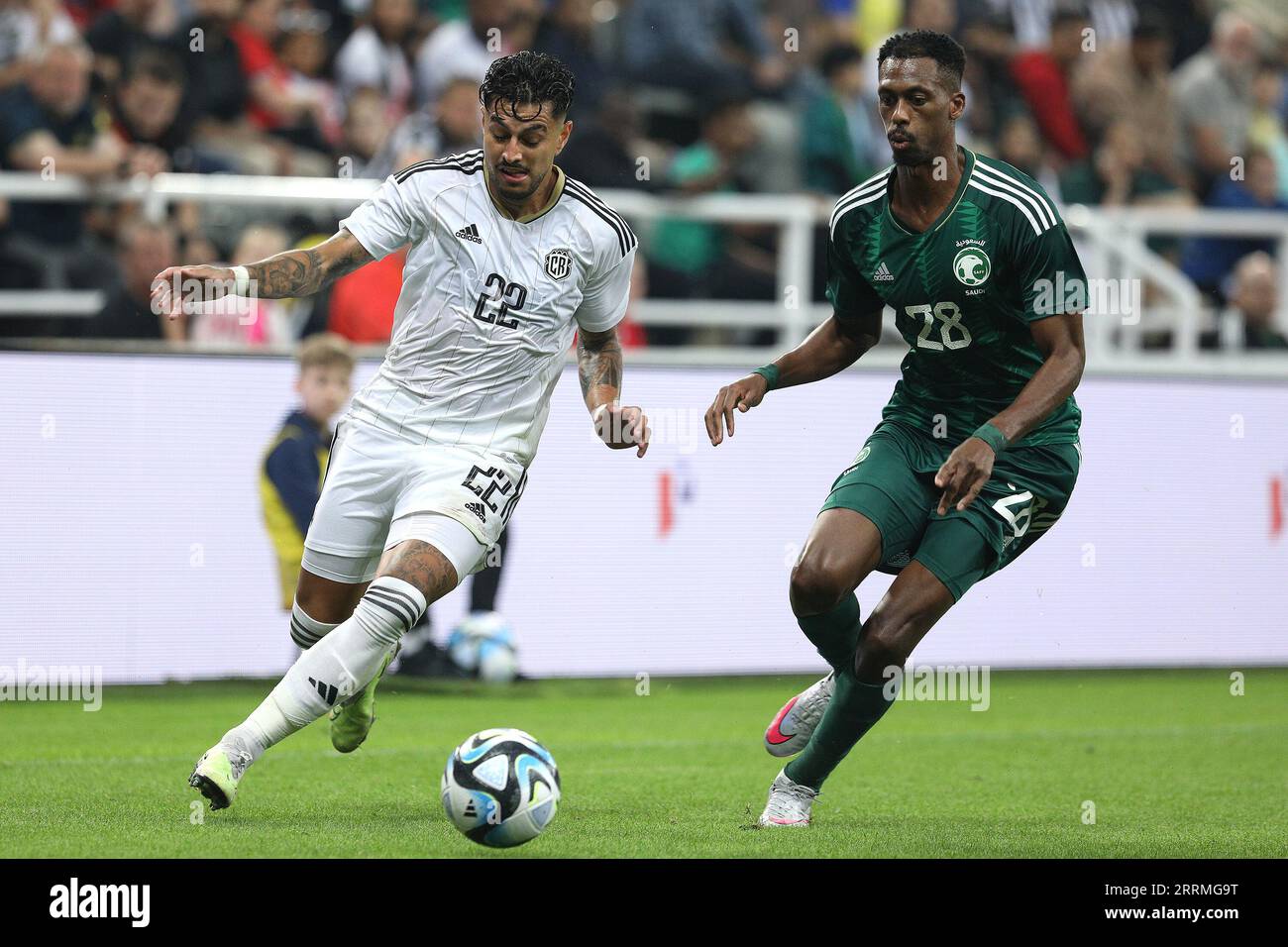 Mohamed Kanno of Saudi Arabia (right) and Ronald Matarrita of Costa Rica challenge for the ball during the International Friendly match between Saudi Arabia and Costa Rica at St. James's Park, Newcastle on Friday 8th September 2023. (Photo: Robert Smith | MI News) Credit: MI News & Sport /Alamy Live News Stock Photo