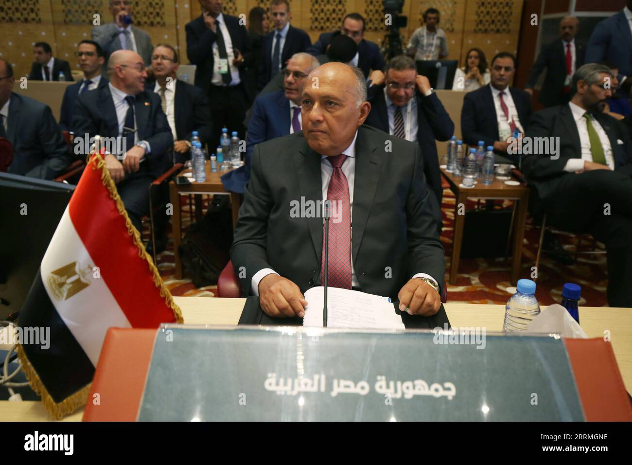 221030 -- ALGIERS, Oct. 30, 2022 -- Egyptian Foreign Minister Sameh Shoukry C attends the Arab foreign ministers preparatory meeting for the 31st Arab League summit in Algiers, Algeria, on Oct. 29, 2022. Secretary-General of the Arab League Ahmed Aboul-Gheit said here on Saturday that food security and the Palestinian issue will be on the top agenda of the Arab League Summit due on Nov. 1-2. TO GO WITH Food security, Palestinian issue to top agenda of Arab League Summit in Algeria ALGERIA-ALGIERS-ARAB LEAGUE-FM-PREPARATORY MEETING XinxHua PUBLICATIONxNOTxINxCHN Stock Photo