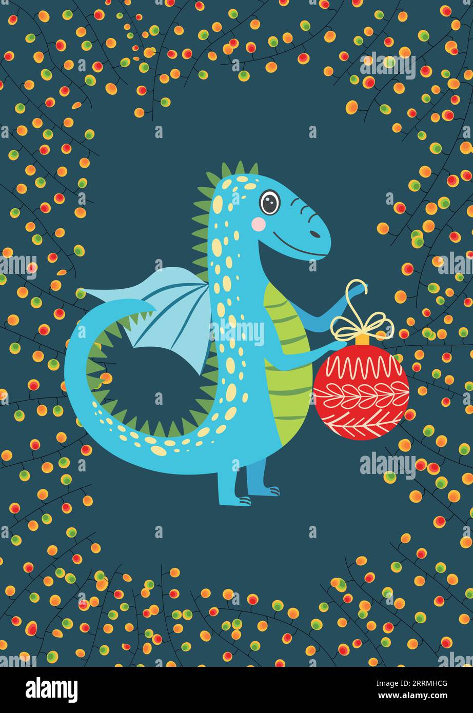 Christmas card with cute dragon. Year of the Dragon 2024, China Stock