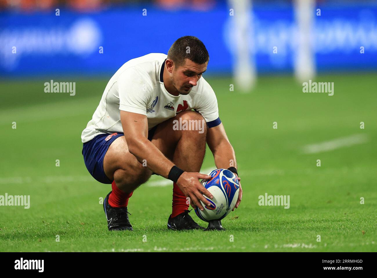 France's Thomas Ramos places the ball for a penalty during the Rugby ...