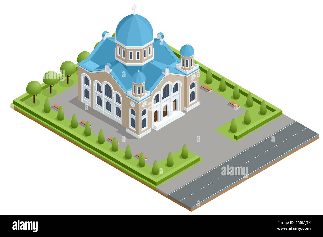 Isometric Synagogue Mosque Building. Synagogues are consecrated spaces used for the purpose of Jewish prayer, study, assembly, and reading of the Stock Vector