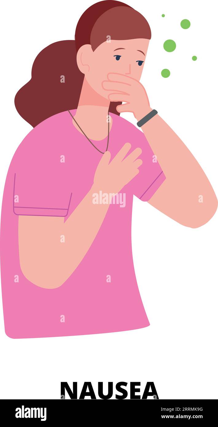 Nausea symptom. Vomiting sickness. Woman with stomach problem isolated