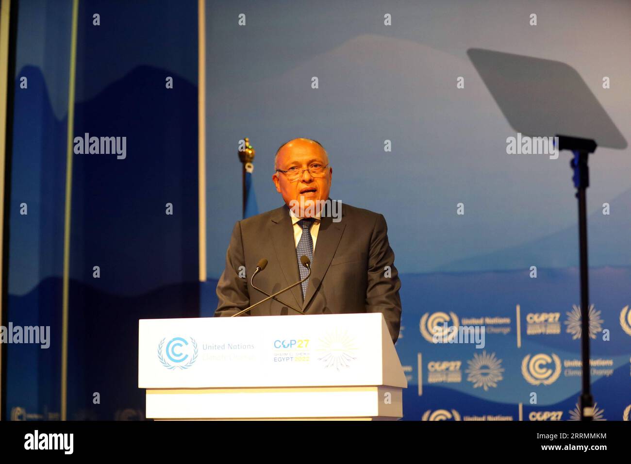 221106 -- SHARM EL-SHEIKH, Nov. 6, 2022 -- Sameh Shoukry, Egyptian Foreign Minister and President of the 27th Conference of the Parties of the United Nations Framework Convention on Climate Change COP27, addresses the opening ceremony of the conference in Sharm El-Sheikh, Egypt, Nov. 6, 2022. The COP27 opened on Sunday in Egypt s coastal city of Sharm El-Sheikh in hopes to turn global climate finance pledges into action.  EGYPT-SHARM EL-SHEIKH-COP27-OPENING SuixXiankai PUBLICATIONxNOTxINxCHN Stock Photo