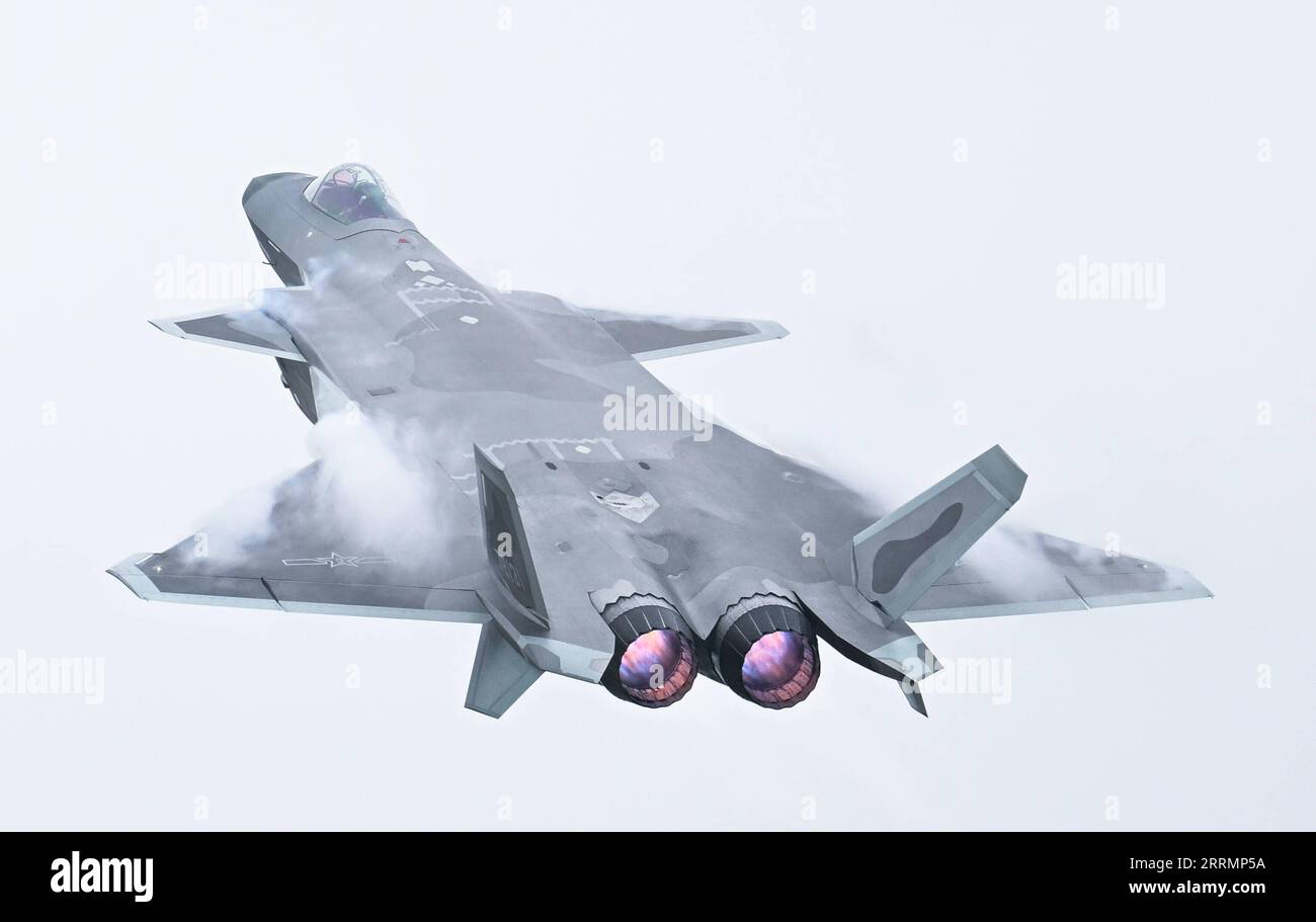 221108 -- ZHUHAI, Nov. 8, 2022 -- A J-20 stealth fighter jet is seen during  the 14th China International Aviation and Aerospace Exhibition in Zhuhai,  south China s Guangdong Province, Nov. 8, 2022. The 14th China  International Aviation and Aerospace ...