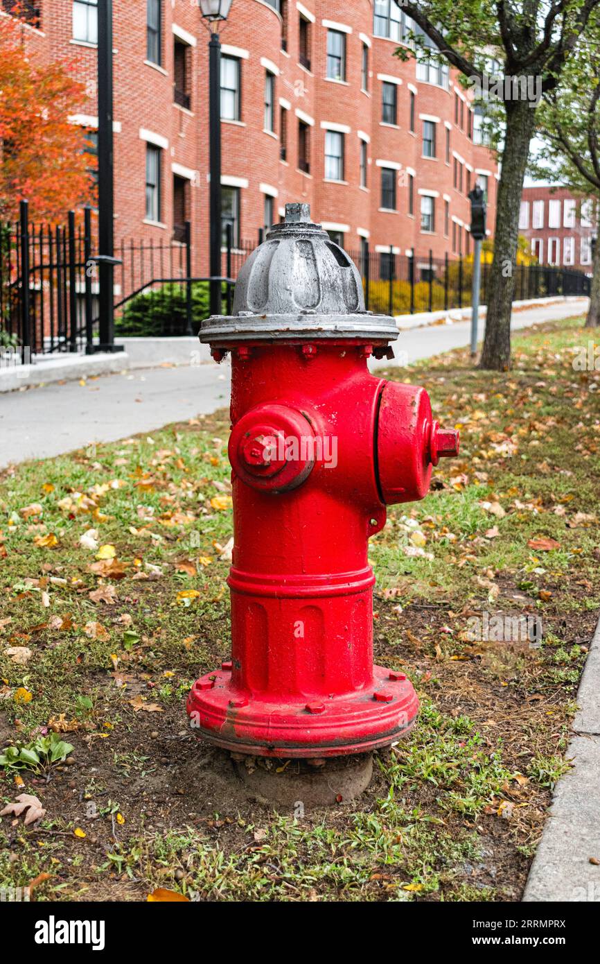Silvertopped traditional red American style fire hydrant outside a