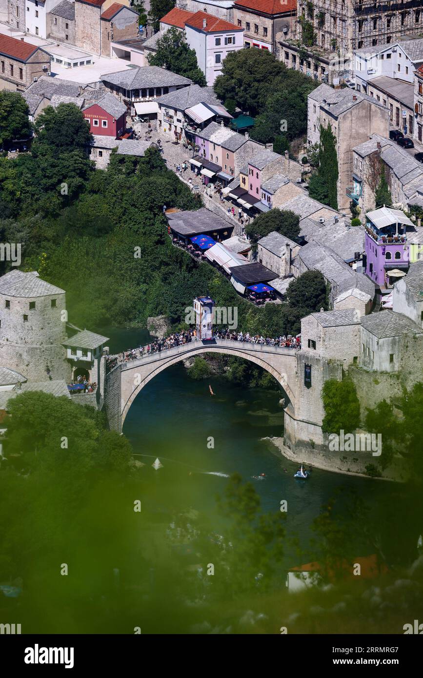 Competition of the Red Bull Cliff Diving World Championship 2023 in Mostar held on September 8, 2023. The city's 16th-century bridge, Old Bridge, once again hosts the elite cliff divers as they demonstrate ultimate courage, control and some insane athleticism over the emerald water of the Neretva River.This was the second series of jumps, as Canadian Molly Carlson and Romanian Catalin Preda kept the lead in the competition. Photo: Denis Kapetanovic /PIXSELL Credit: Pixsell/Alamy Live News Stock Photo