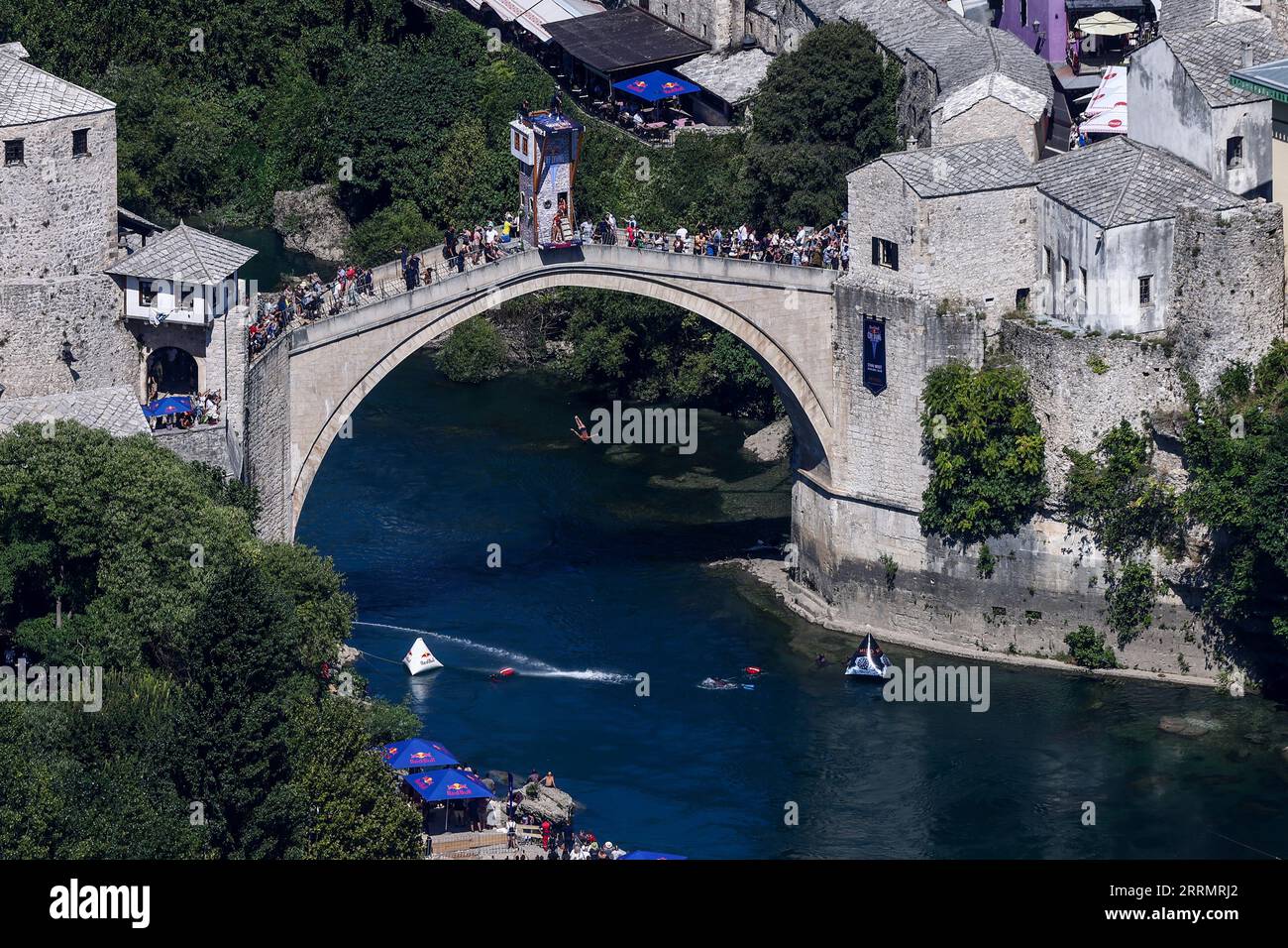 Competition of the Red Bull Cliff Diving World Championship 2023 in Mostar held on September 8, 2023. The city's 16th-century bridge, Old Bridge, once again hosts the elite cliff divers as they demonstrate ultimate courage, control and some insane athleticism over the emerald water of the Neretva River.This was the second series of jumps, as Canadian Molly Carlson and Romanian Catalin Preda kept the lead in the competition. Photo: Denis Kapetanovic /PIXSELL Credit: Pixsell/Alamy Live News Stock Photo
