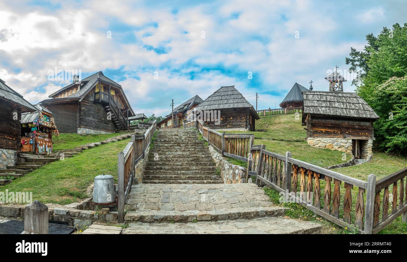 Drvengrad Mecahvik wooden houses, etno village near Zlatibor, Serbia Stock Photo
