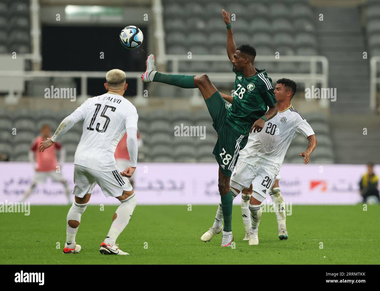 Newcastle Upon Tyne, UK. 8th Sep, 2023. Austin Salas of Costa Rica in action with Mohamed Kanno of Saudi Arabia during the International Friendly match at St. James' Park, Newcastle Upon Tyne. Picture credit should read: Nigel Roddis/Sportimage Credit: Sportimage Ltd/Alamy Live News Stock Photo