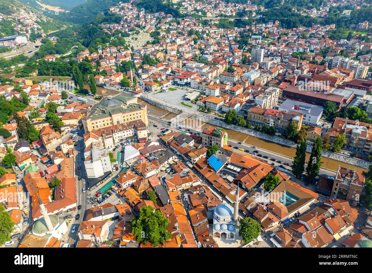 Bascarsija old bazaar streets with Gazi Husrev-beg Mosque and Miljacka river aerial view, Sarajevo,  Bosnia and Herzegovina Stock Photo