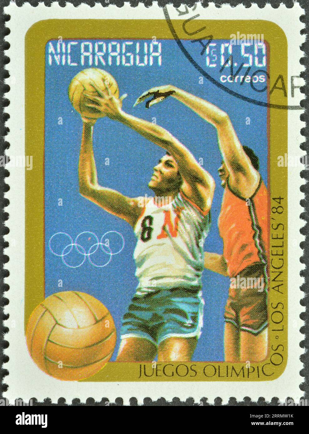 Cancelled postage stamp printed by Nicaragua, that shows Basketball, Summer Olympic Games 1984 - Los Angeles, circa 1984. Stock Photo