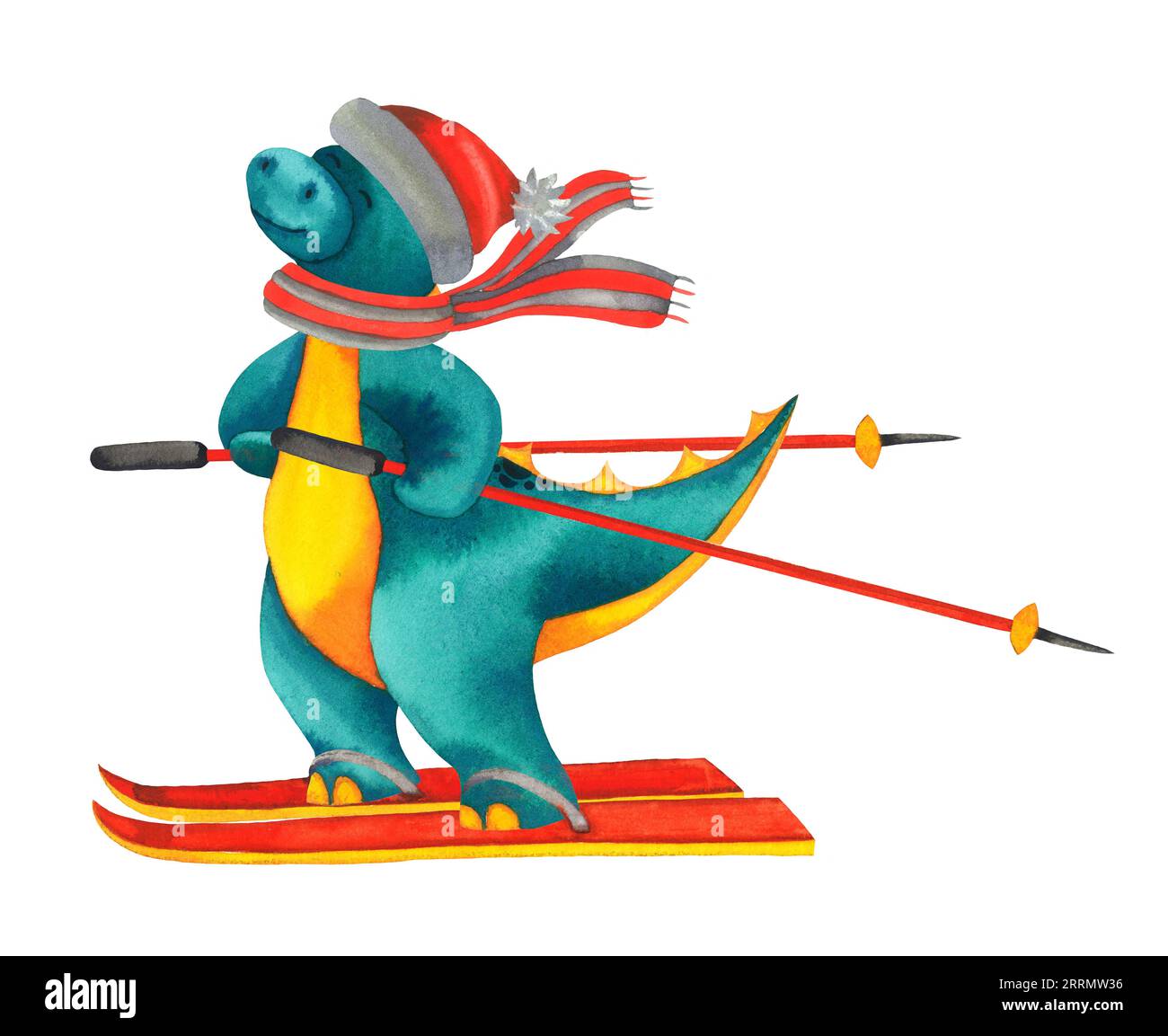 Cute child watercolour sport Dinosaur on red ski. Sports equipment. Hand drawn illustration
