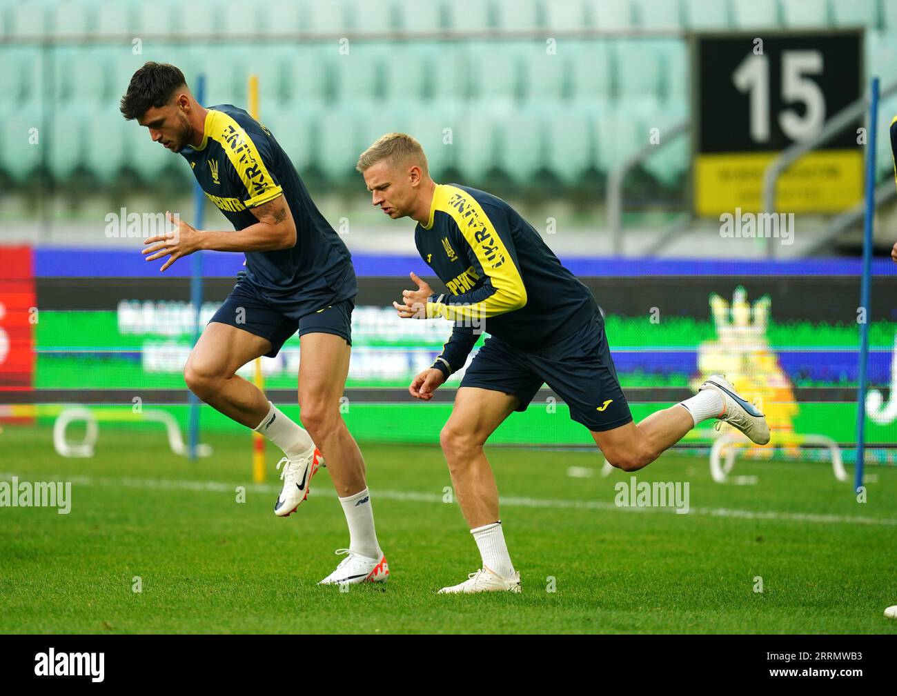 Ukraine's Oleksandr Zinchenko (right) during a training session at the