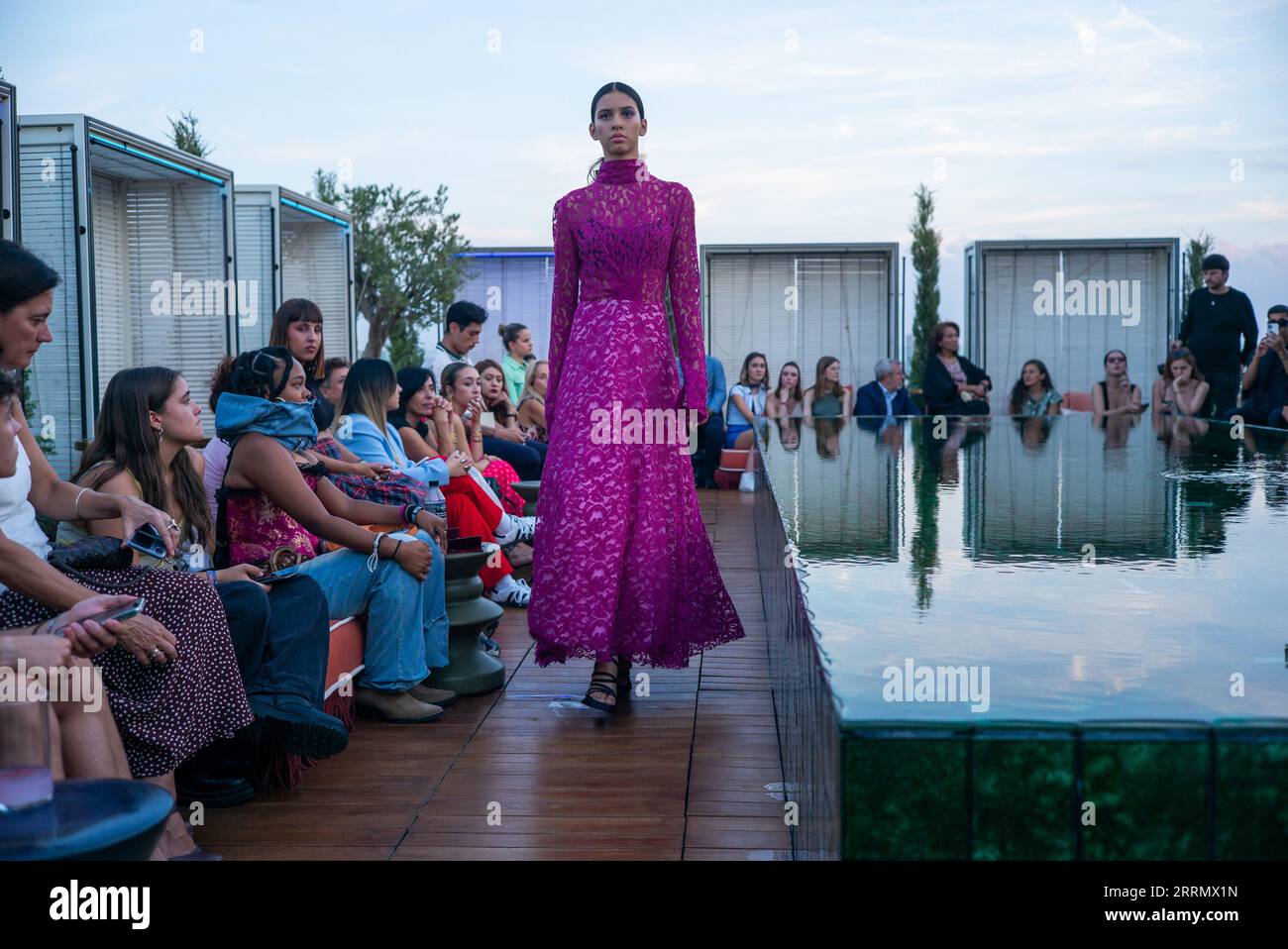 Model wears an María Lafuentea wedding dress during the presentation of collection 2023  at Madrid Fashion Week. September 8, 2023 Spain Stock Photo
