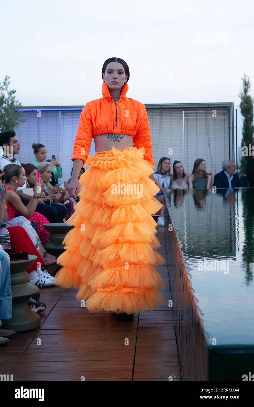 Model wears an María Lafuentea wedding dress during the presentation of collection 2023  at Madrid Fashion Week. September 8, 2023 Spain Stock Photo