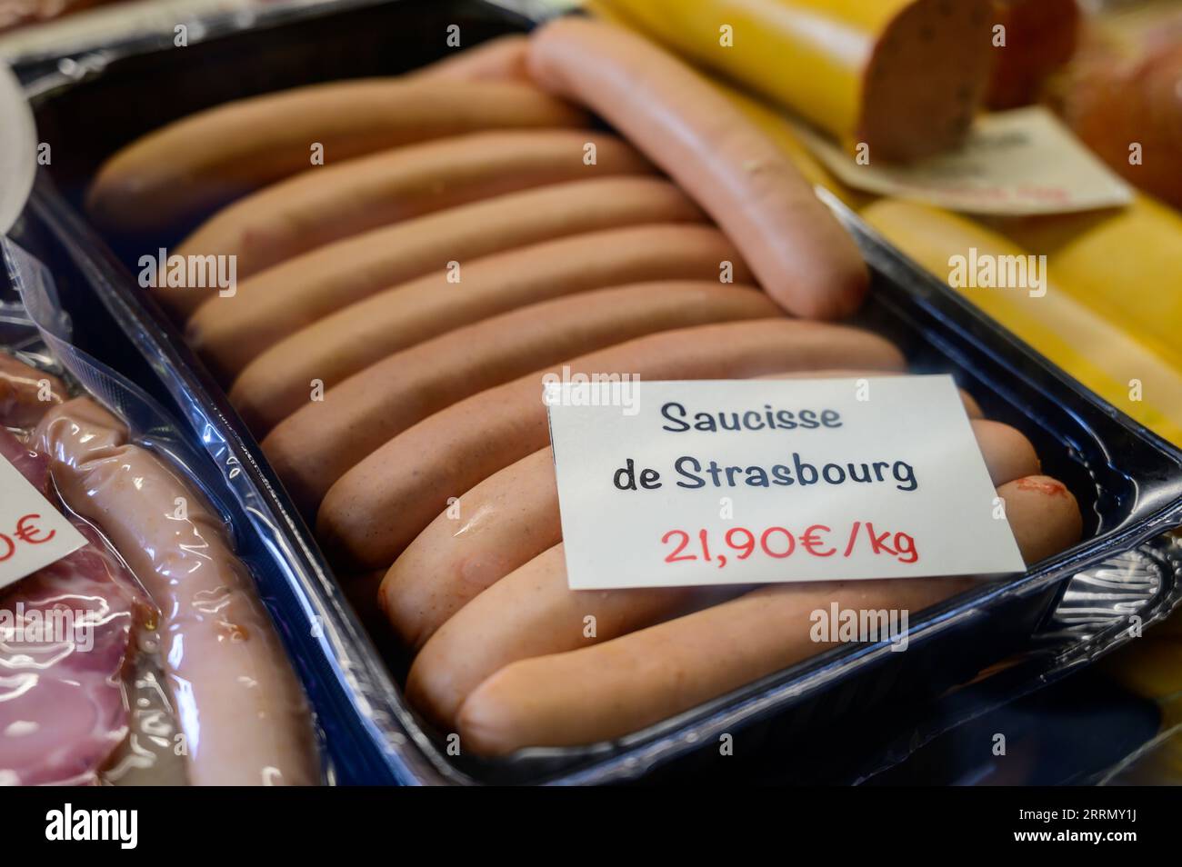 Pork sausages from Alsace, France. English translation Sausage