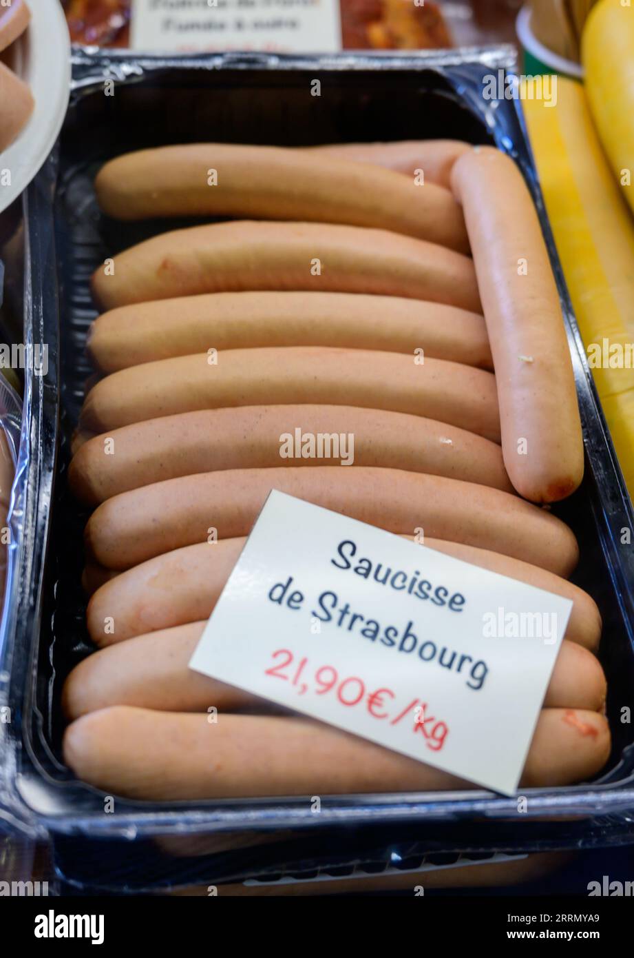 Pork sausages from Alsace, France. English translation Sausage