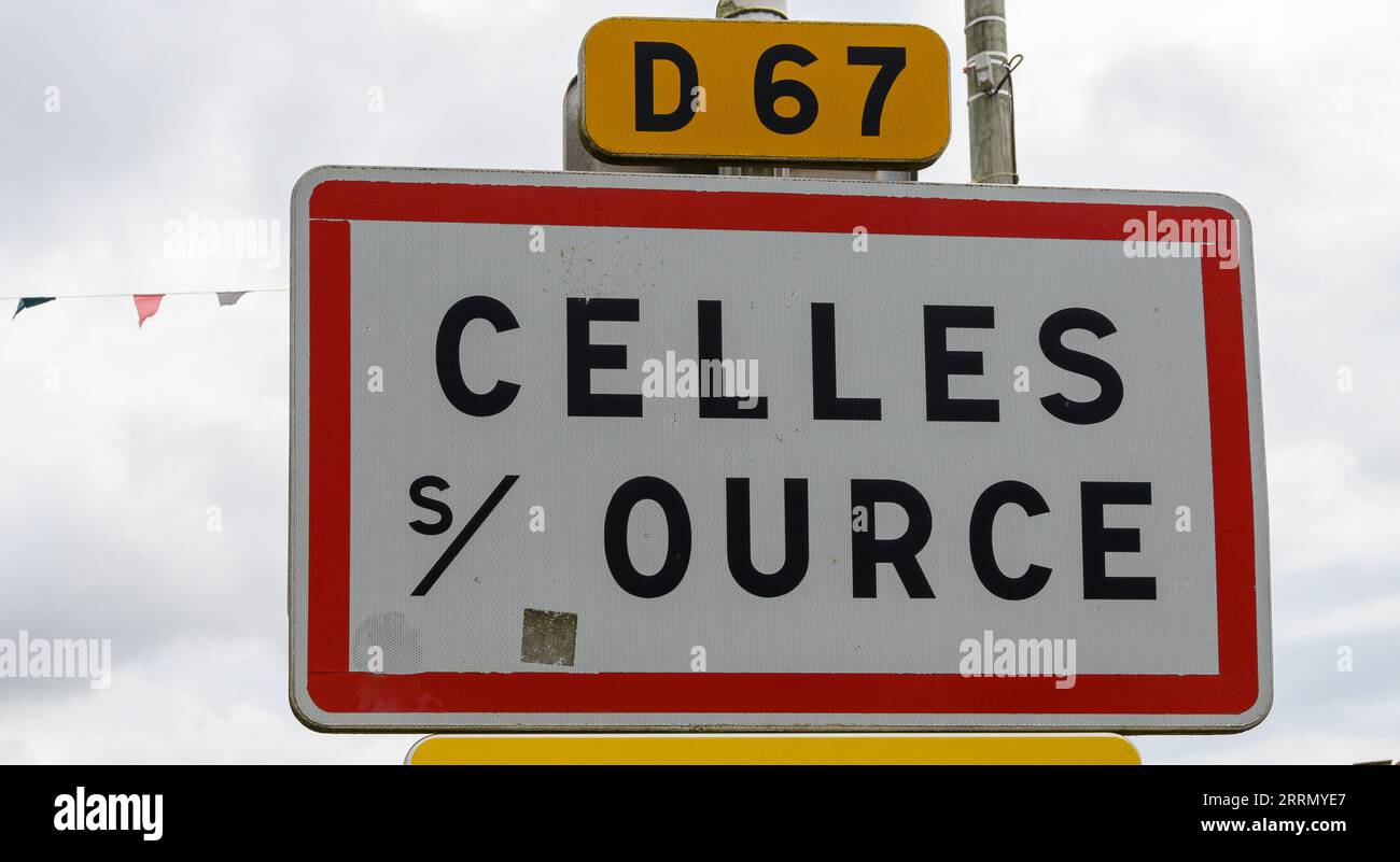 Celles sur Ource road sign, village of caves champagne sparkling wine in Cote des Bar, Champagne, France Stock Photo