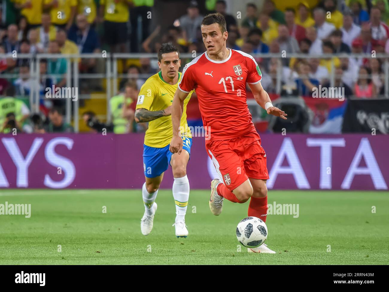 Moscow, Russia - June 27, 2018. Serbia national football team winger Filip Kostic in action during FIFA World Cup 2018 match Serbia vs Brazil (0-2) Stock Photo