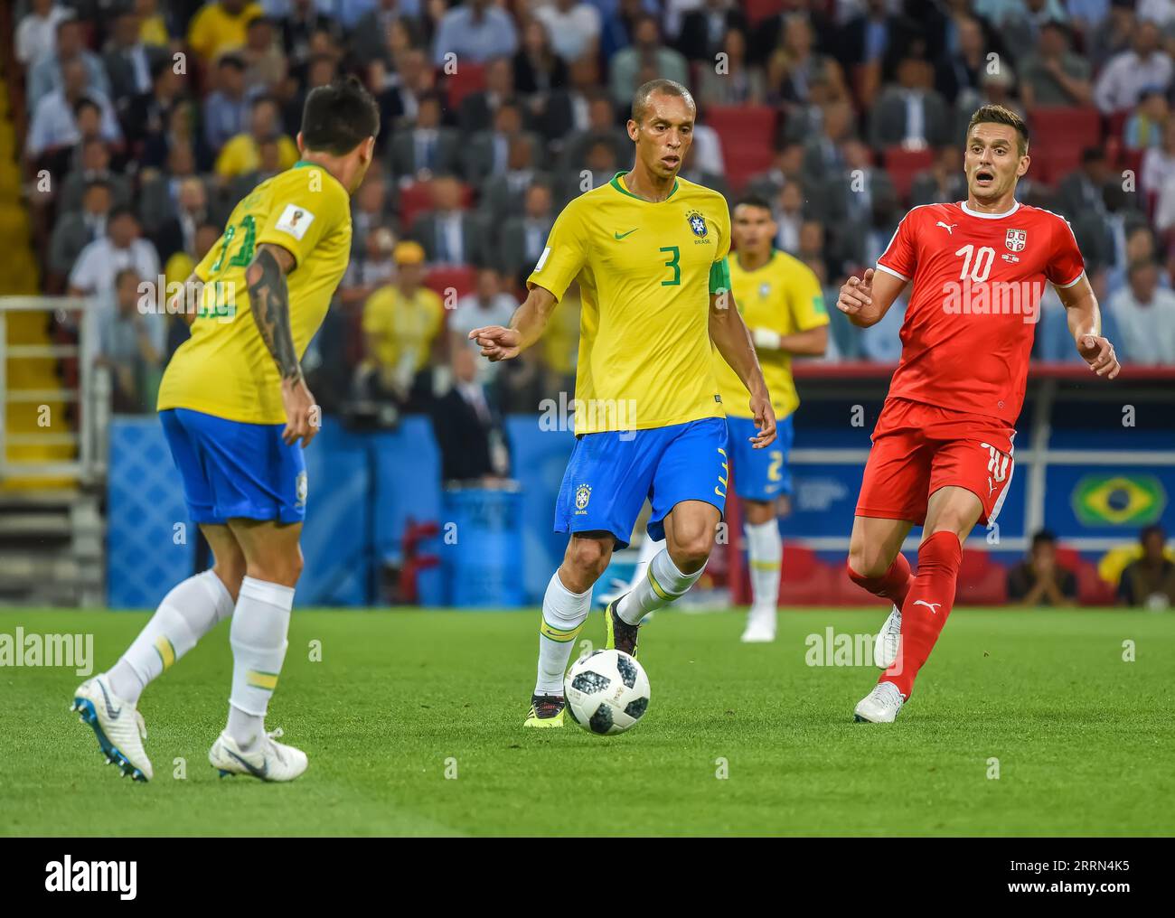 Moscow, Russia - June 27, 2018. Brazil national football team defender Miranda and Serbia defender Aleksandar Kolarov during FIFA World Cup 2018 match Stock Photo