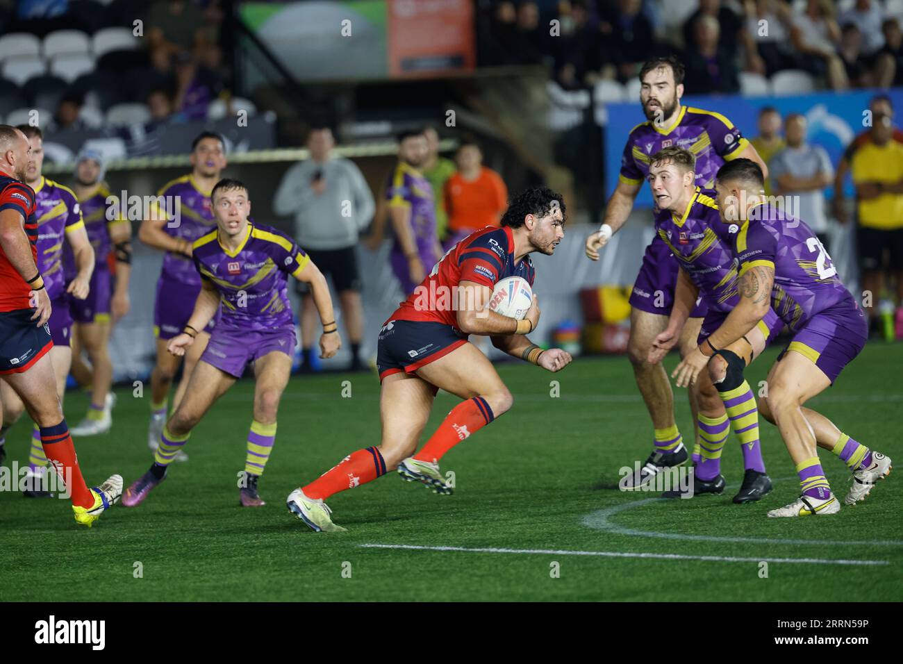 Newcastle, UK. 11th June, 2023. Matteiu Cozza of Featherstone Rovers runs at the Thunder defence during the BETFRED Championship match between Newcastle Thunder and Featherstone Rovers at Kingston Park, Newcastle on Friday 8th September 2023. (Photo: Chris Lishman | MI News) Credit: MI News & Sport /Alamy Live News Stock Photo