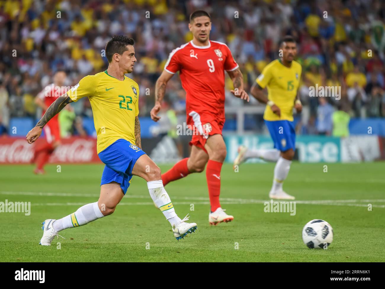 Moscow, Russia - June 27, 2018. Brazil national football team right-back Fagner in action during FIFA World Cup 2018 match Serbia vs Brazil (0-2) Stock Photo