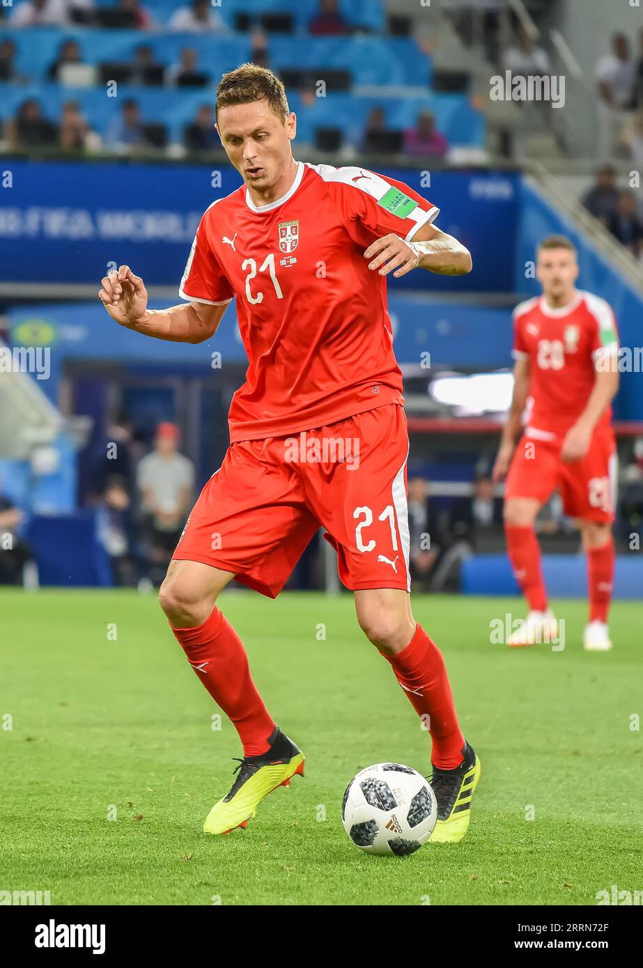 Moscow, Russia - June 27, 2018. Serbia national football team midfielder Nemanja Matic in action during FIFA World Cup 2018 match Serbia vs Brazil (0- Stock Photo