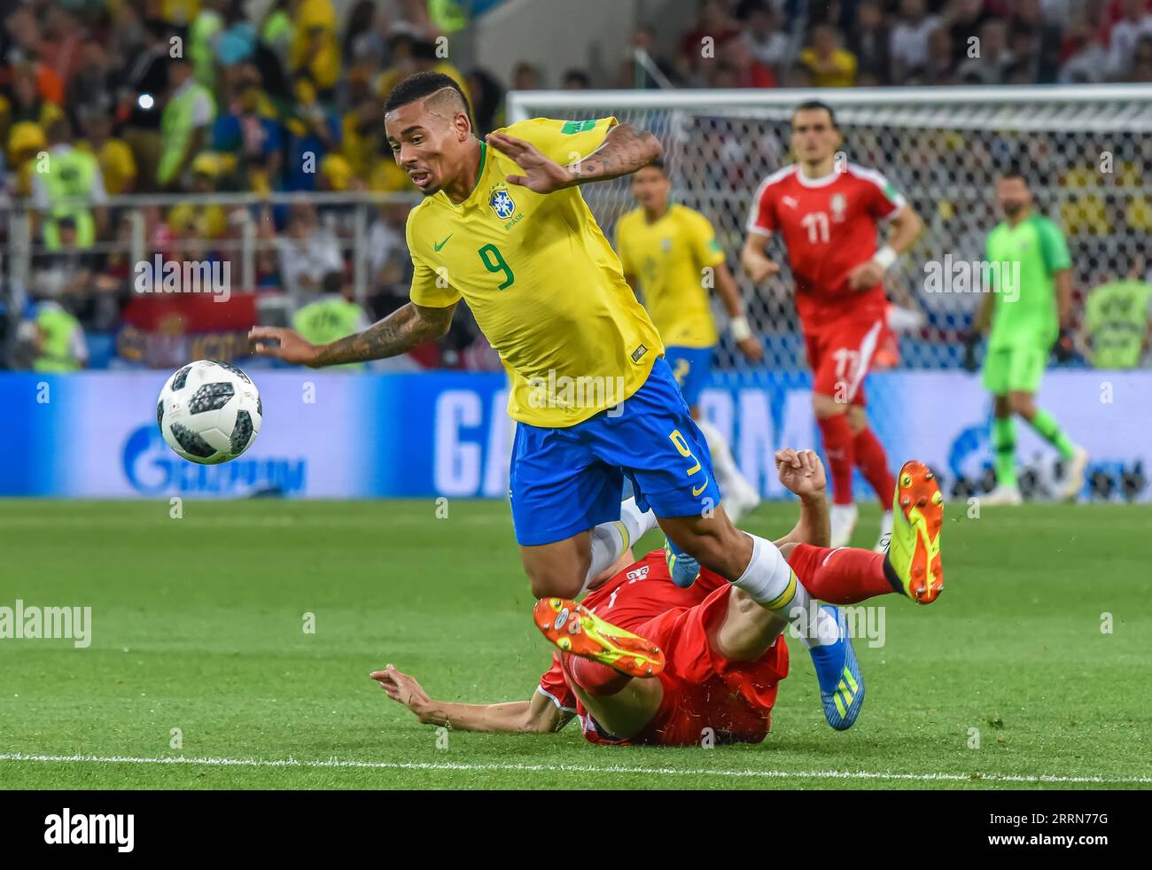 Moscow, Russia - June 27, 2018. Serbia midfielder Nemanja Matic in tackle against Brazil striker Gabriel Jesus during FIFA World Cup 2018 match Serbia Stock Photo