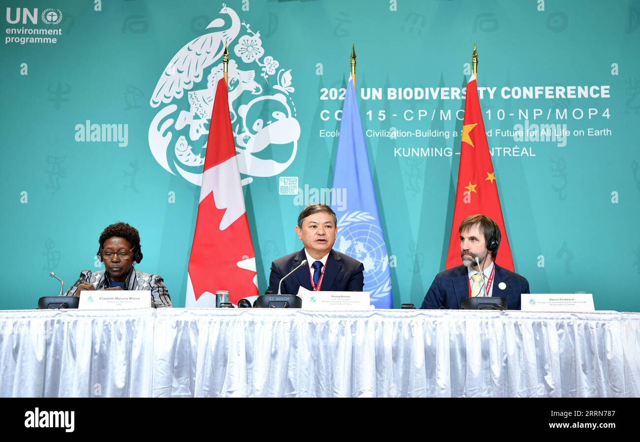 221218 -- MONTREAL, Dec. 18, 2022 -- Huang Runqiu C, COP15 president and China s minister of ecology and environment, speaks during a press conference in Montreal, Canada, on Dec. 17, 2022. TO GO WITH COP15 president upbeat about progress at UN biodiversity conference  CANADA-MONTREAL-COP15-SECOND PHASE-PRESS CONFERENCE RenxPengfei PUBLICATIONxNOTxINxCHN Stock Photo