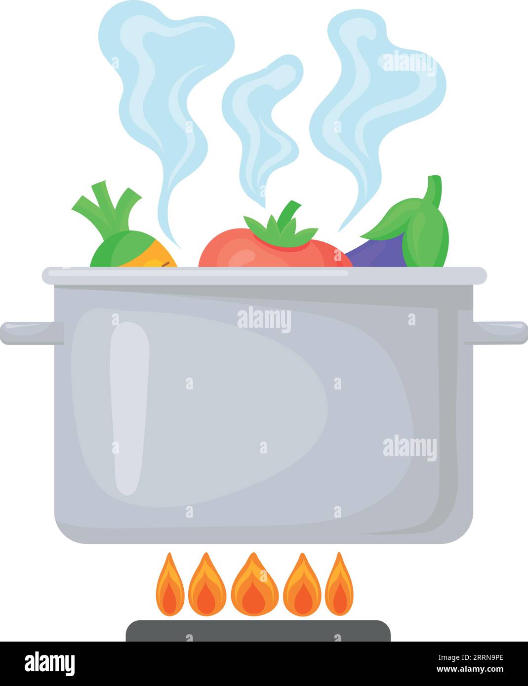 Vegetables boiling in cooking pot on stove. Cooking icon isolated on white background Stock