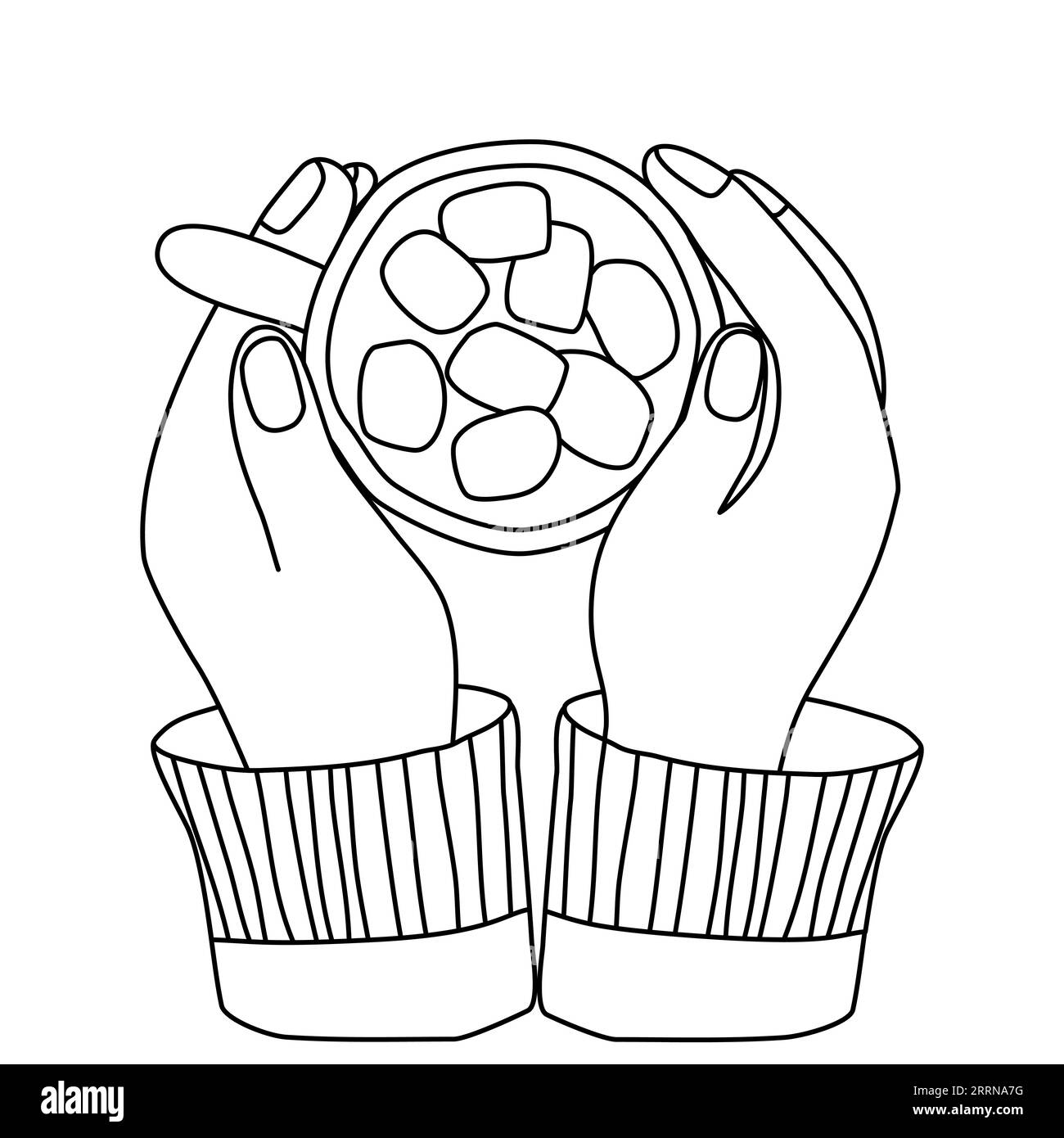Hands hold cup with hot chocolate and marshmallow, doodle style flat vector outline illustration for kids coloring book Stock Vector