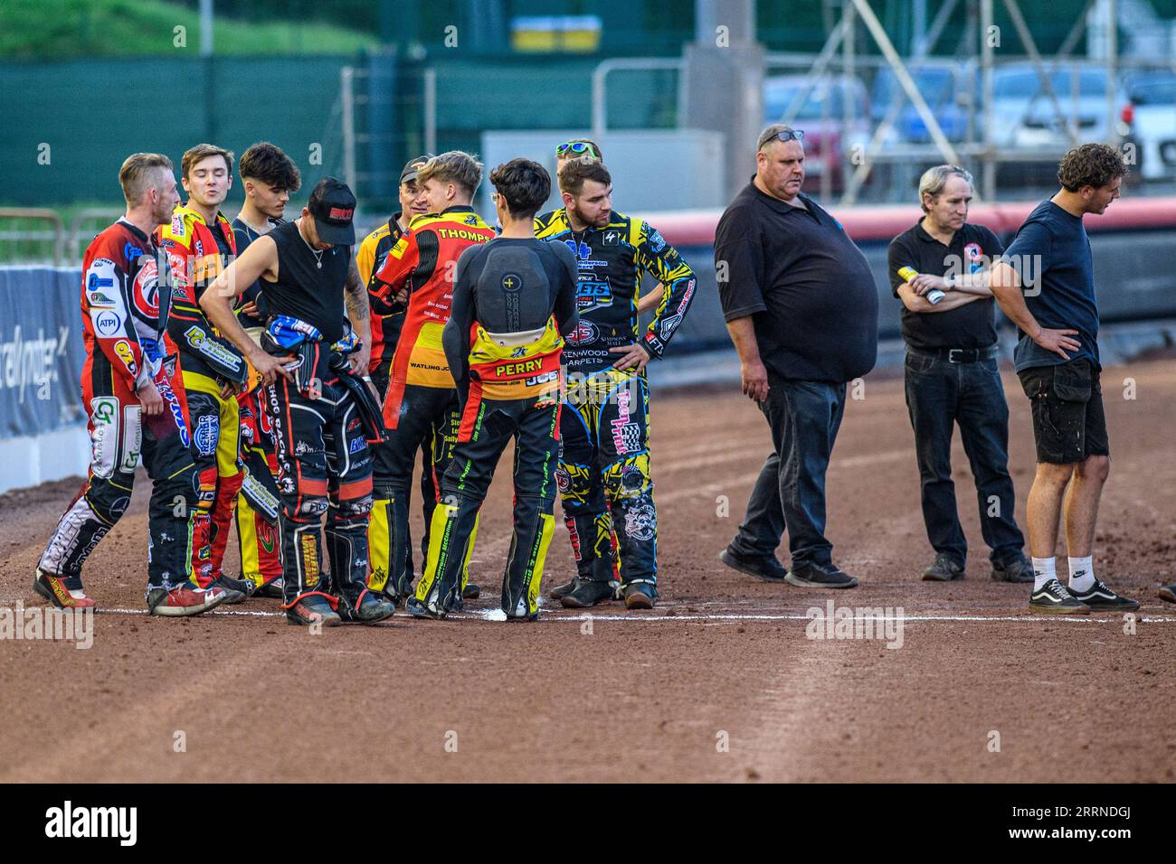 The riders inspect the track at the start line after the extended period of track preparation during the National Development League match between Belle Vue Colts and Leicester Lion Cubs at the National Speedway Stadium, Manchester on Friday 8th September 2023. (Photo: Ian Charles | MI News) Credit: MI News & Sport /Alamy Live News Stock Photo