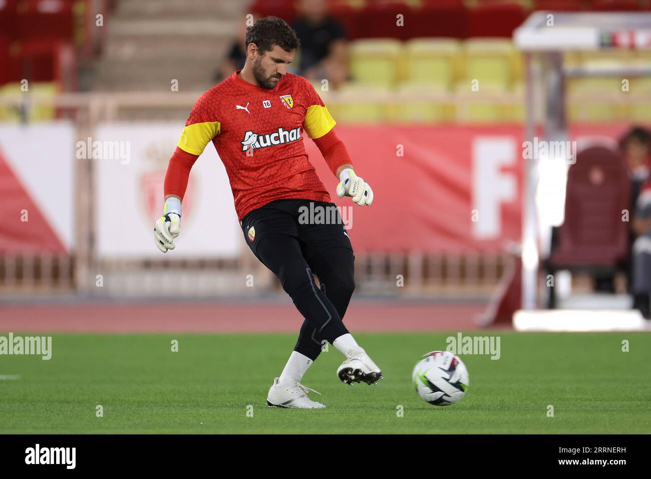 Monaco, Monaco, 2nd September 2023. Jean-Louis Leca of RC Lens reacts  during the warm up prior to the Ligue 1 match at Stade Louis II, Monaco.  Picture credit should read: Jonathan Moscrop /