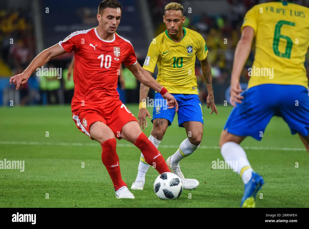 Moscow, Russia - June 27, 2018. Serbia national football team midfielder Dusan Tadic with Brazil star Neymar Jr during FIFA World Cup 2018 match Serbi Stock Photo