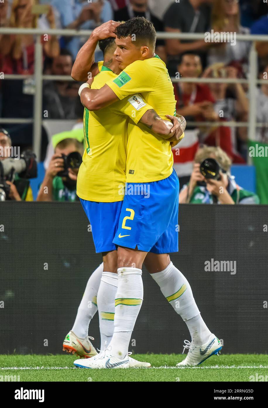 Moscow, Russia - June 27, 2018. Brazil players Neymar and Thiago Silva celebrating Thiago Silva’s goal in FIFA World Cup 2018 match Serbia vs Brazil ( Stock Photo