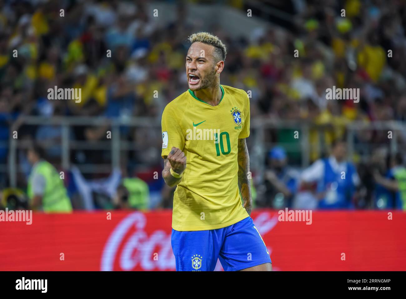 Moscow, Russia - June 27, 2018. Brazil national football team striker Neymar celebrating a goal during FIFA World Cup 2018 match Serbia vs Brazil (0-2 Stock Photo