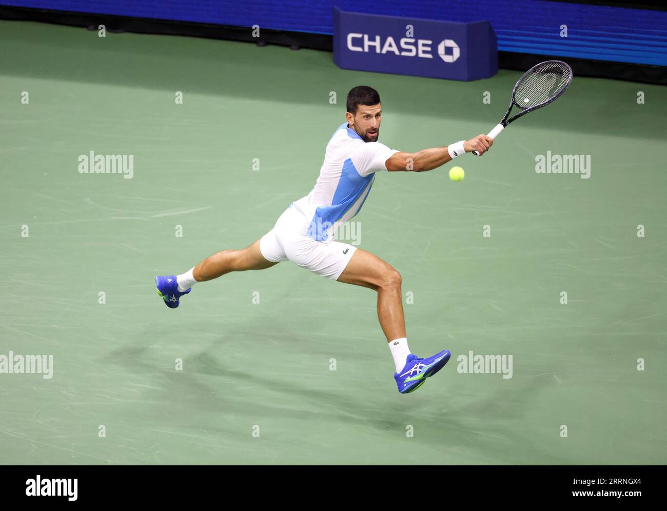 New York, United States. 08th Sep, 2023. Novak Djokovic returns a shot to Ben Shelton during their seimfinal match at the US Open. Photography by Credit: Adam Stoltman/Alamy Live News Stock Photo