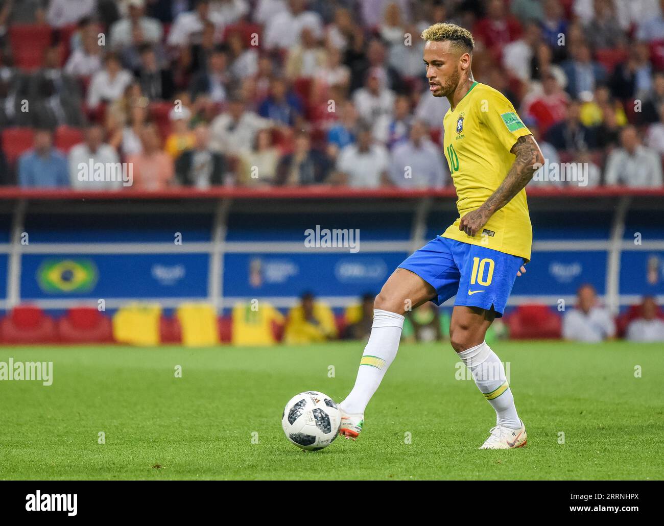Moscow, Russia - June 27, 2018. Brazil national football team striker Neymar during FIFA World Cup 2018 match Serbia vs Brazil (0-2). Stock Photo