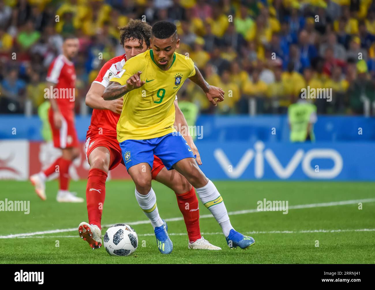 Moscow, Russia - June 27, 2018. Brazil national football team striker Gabriel Jesus in action  during FIFA World Cup 2018 match Serbia vs Brazil (0-2) Stock Photo