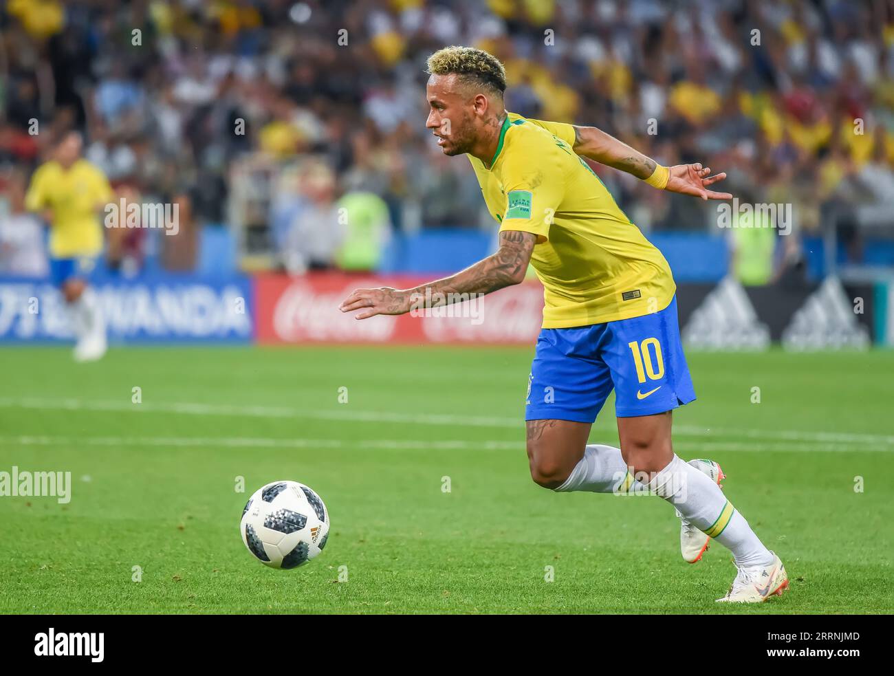 Moscow, Russia - June 27, 2018. Brazil national football team striker Neymar in action during FIFA World Cup 2018 match Serbia vs Brazil (0-2). Stock Photo
