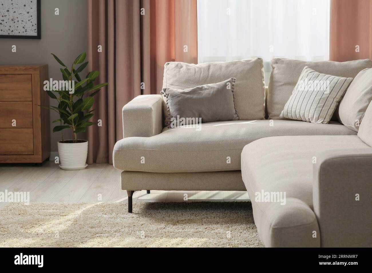 Stylish sofa with cushions in living room. Interior design Stock Photo ...