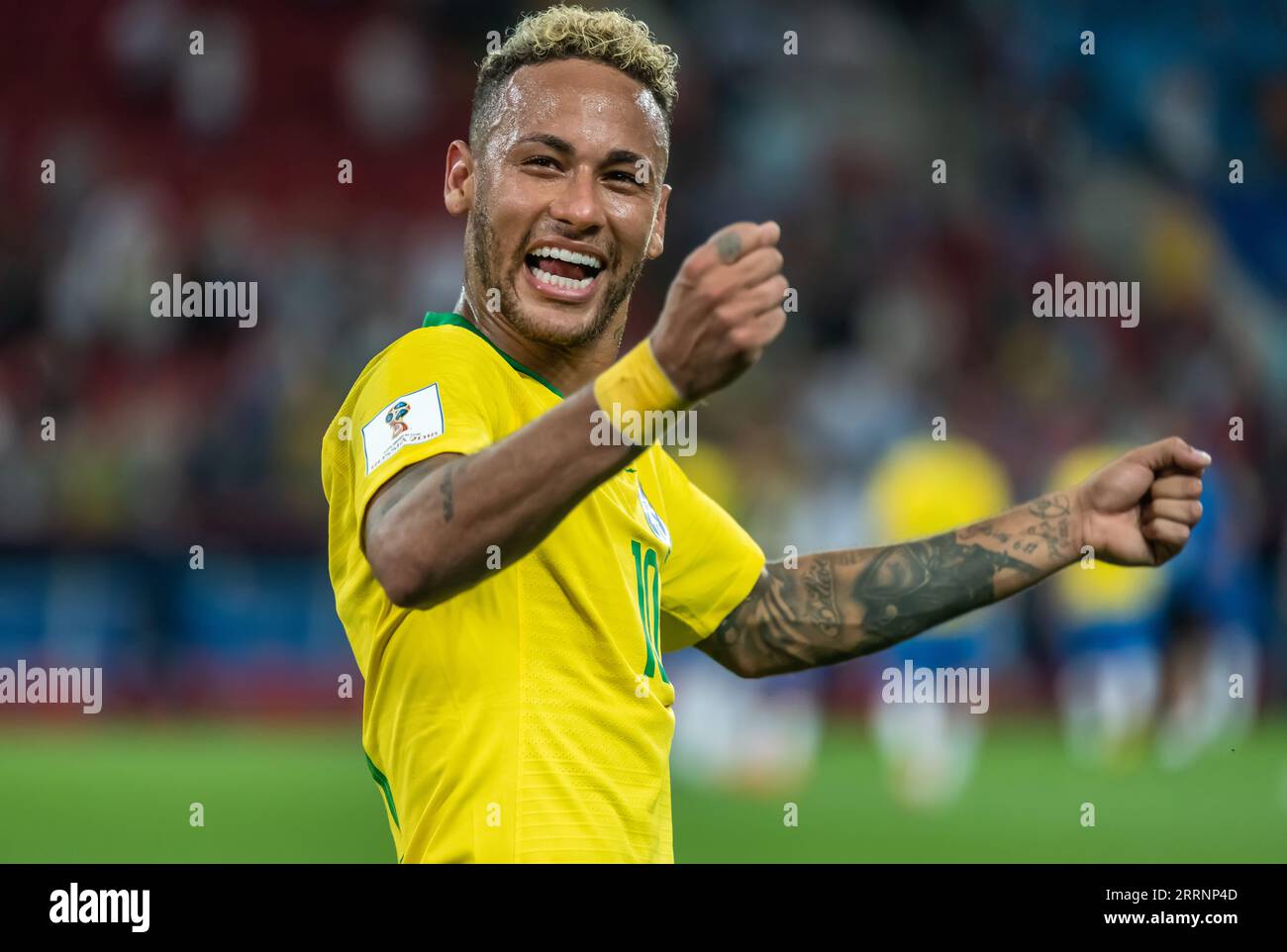 Moscow, Russia - June 27, 2018. Brazil national team striker Neymar celebrating victory in FIFA World Cup 2018 match Serbia vs Brazil (0-2) Stock Photo